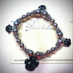 Black Paw Print Charm Bracelet Silver Beads